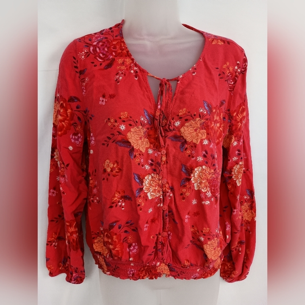 Mudd Floral Cottagecore Red Office Women's Top (#1,243)